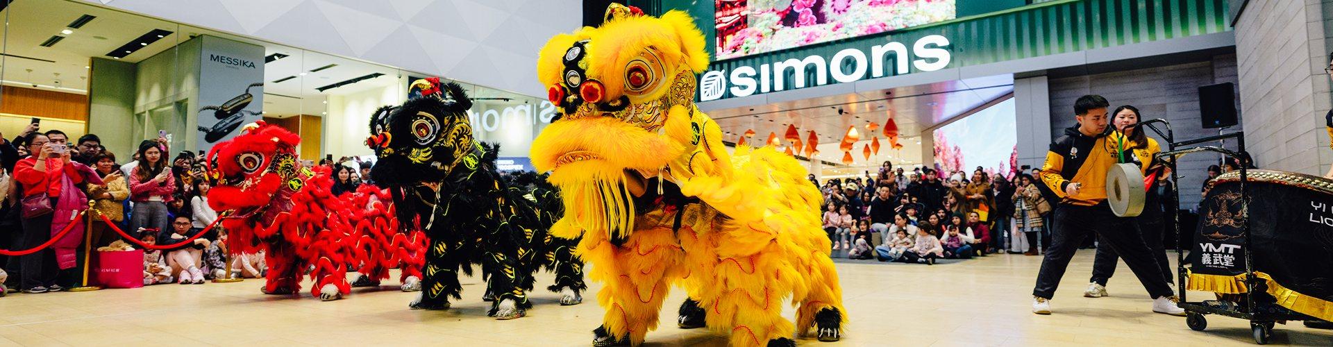 Chinese lion dance performance in Yorkdale mall with crowd of spectators