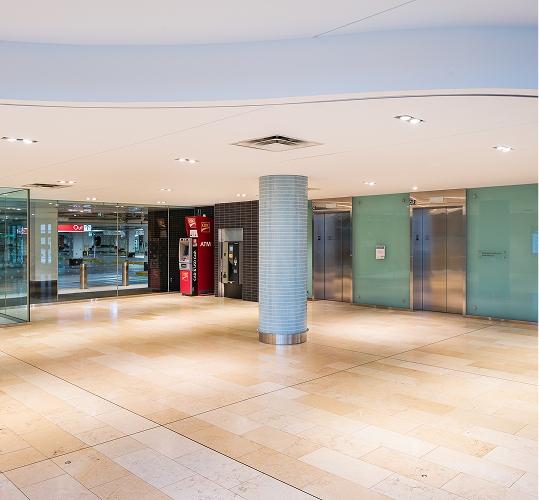 Yorkdale Shopping Centre elevator lobby with ATM, glass entrance and indoor parking access