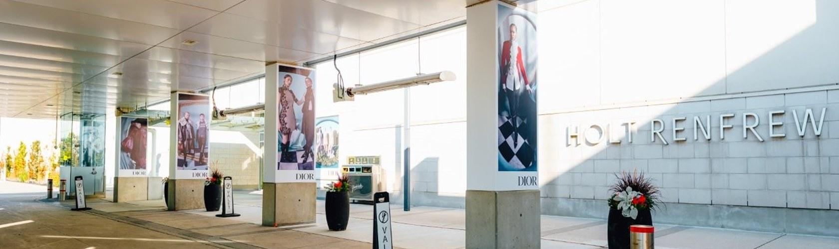 Advertising displays and promotional banners at the Yorkdale shopping centre entrance