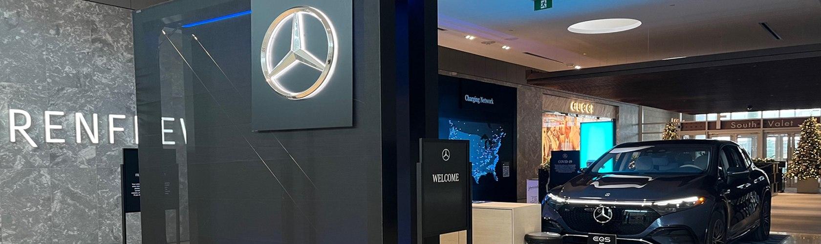 Mercedes-Benz EQS electric vehicle display pop-up in Yorkdale mall near Gucci