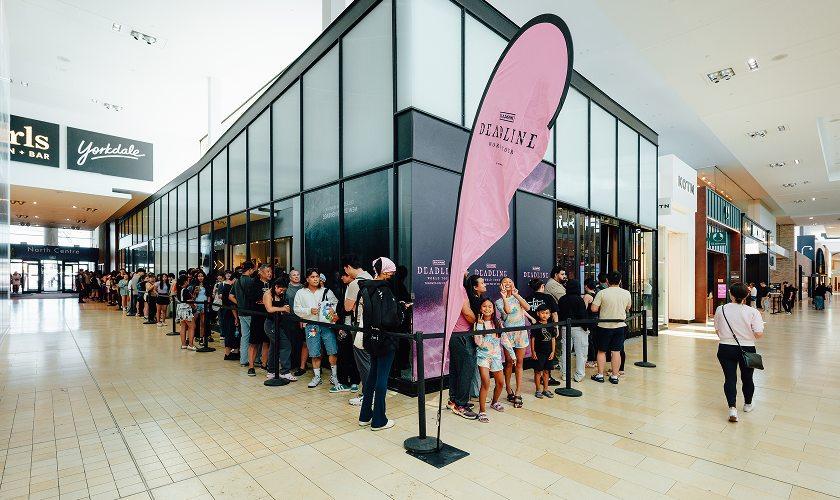 Long lineup of shoppers outside a pop-up shop in Yorkdale mall
