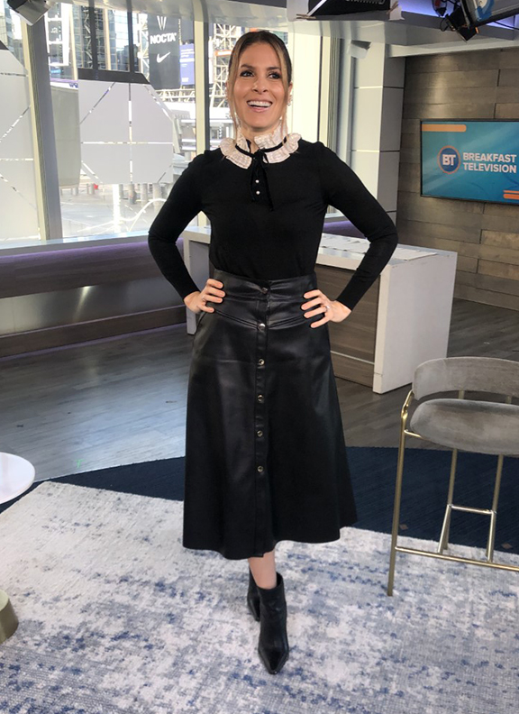 Dina wearing black leather skirt with pointy black booties - 2