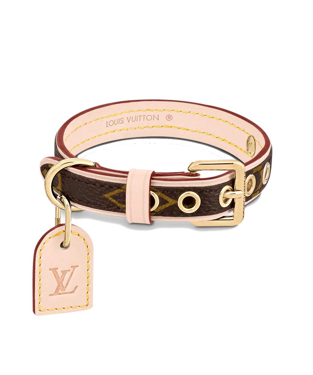 Louis Vuitton pet collar made of leather and adorned with the iconic LV monogram. The collar features a gold-tone buckle and D-ring for attaching a leash.