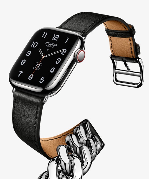 Apple Watch with Black and tan reversible Hermes leather strap and silver hardware.