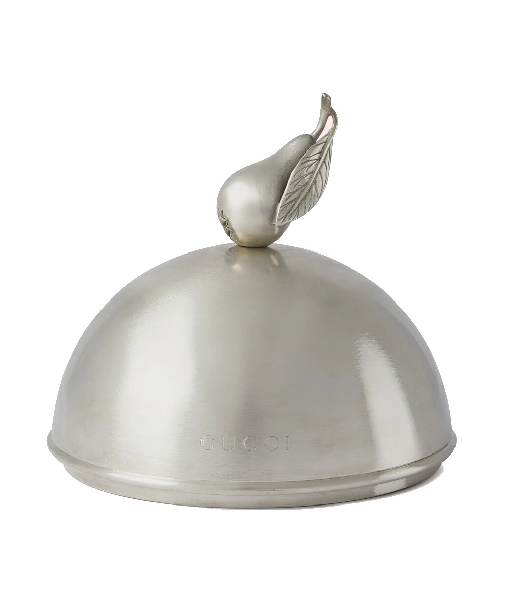 Silver Gucci pet bowl cover featuring a pear at the top.