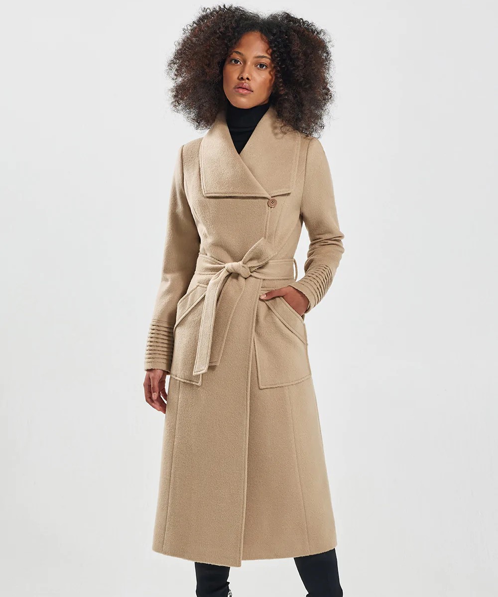 Image of a model wearing a tan Sentaler alpaca wrap coat with a front tie