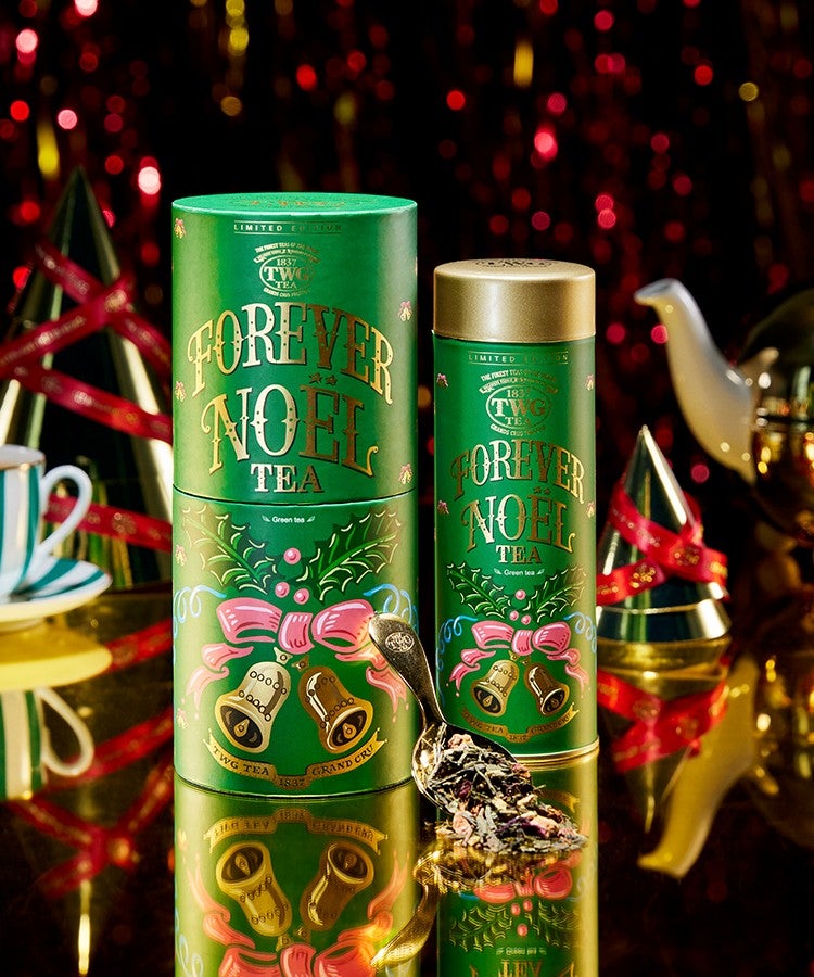 Image of TWG Forever Noel tea against a festive backdrop.