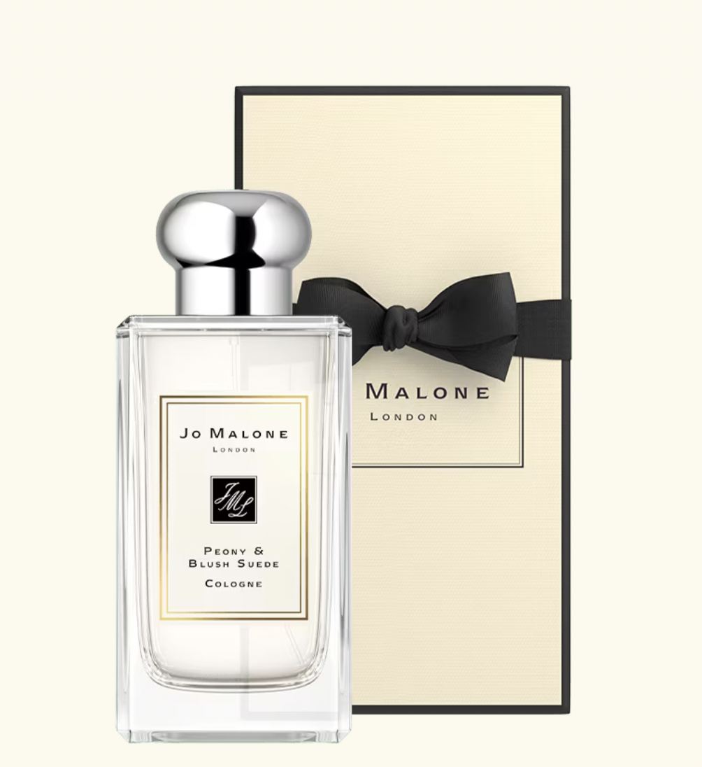 Product image of Jo Malone London Peony & Blue Suede Cologne. A Jo Malone London box with a black bow is in the background.
