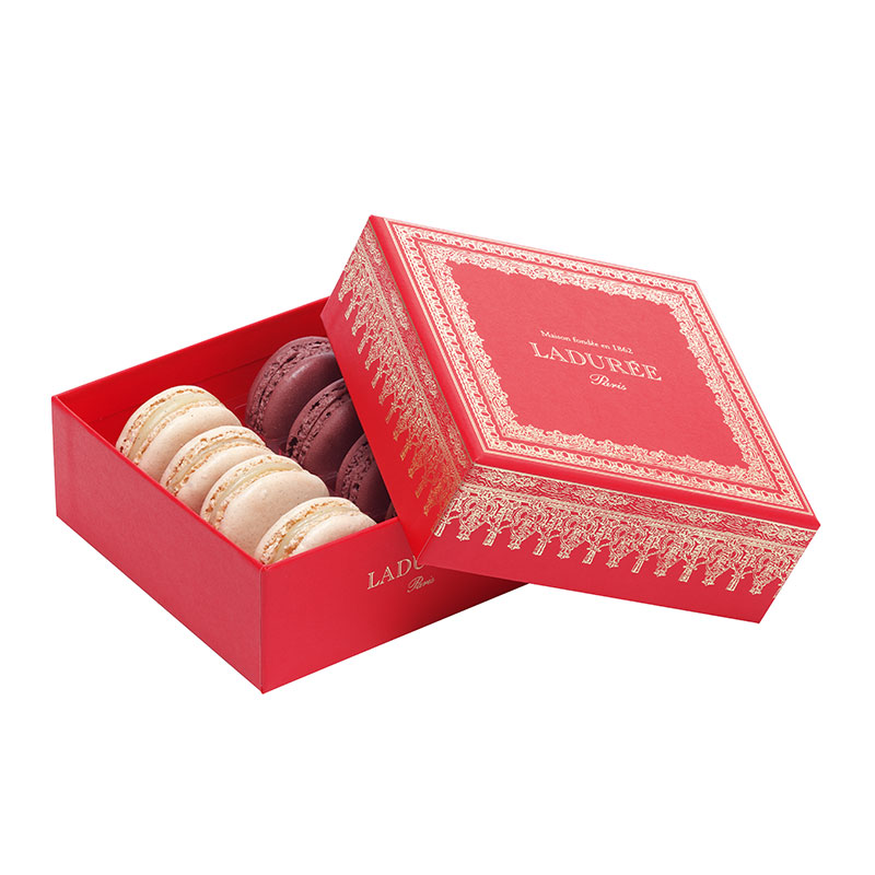 Product image of Laudree macarons in a red box.