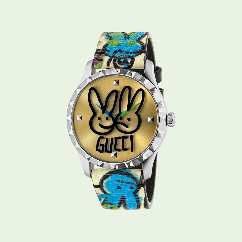 Gucci Lunar New Year watch featuring rabbit motifs on the bracelet and watch face.