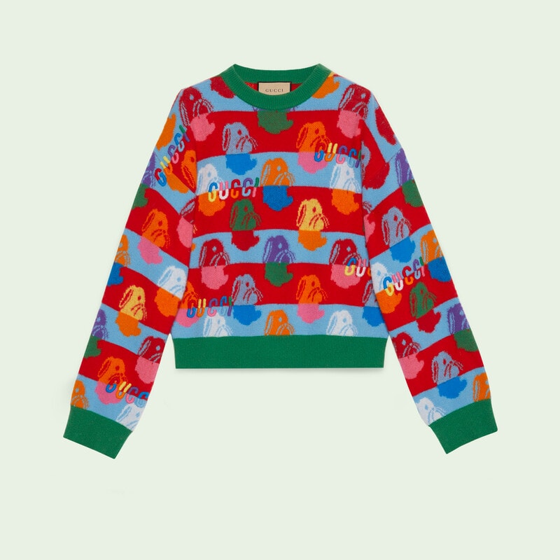 Colourful green, red and blue striped Gucci sweater with multiple rabbit prints and Gucci throughout.