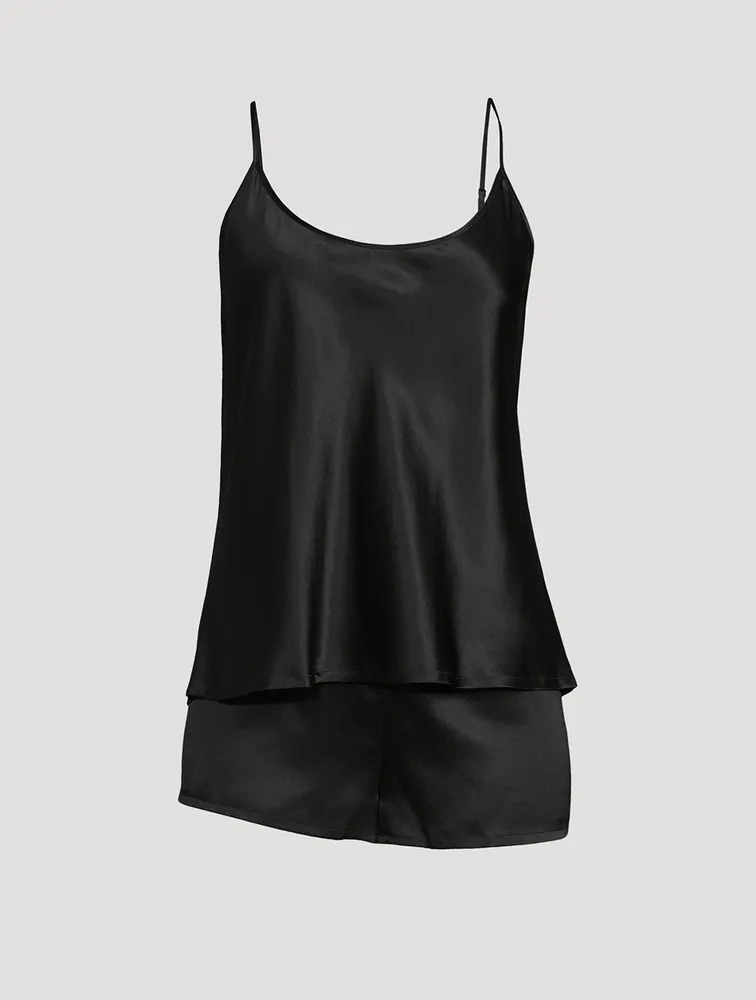Product image of a black satin La Perla pajama set featuring a tank and shorts.