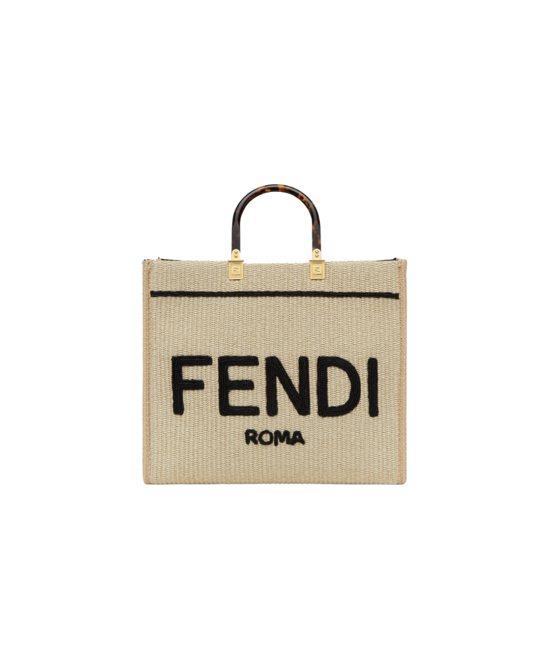 Image of a Fendi straw tote with a tortoise and gold handle. The bag says FENDI ROMA in large letters.