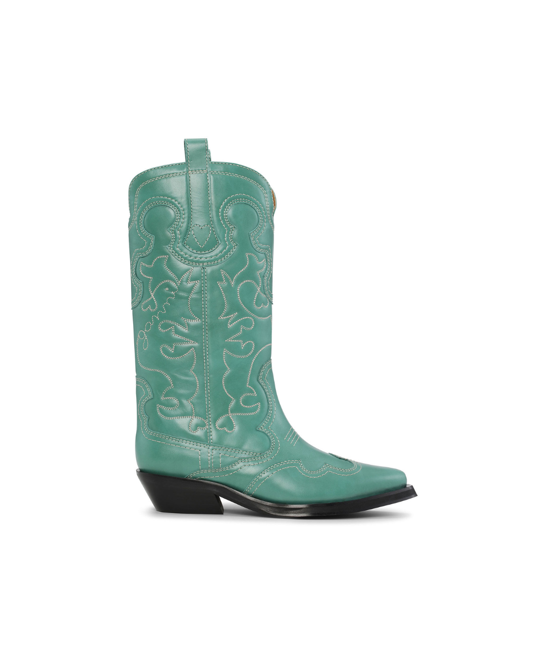 An image of a teal blue GANNI cowboy boot