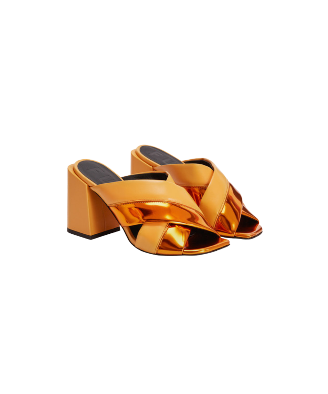 Image of orange Furla heeled sandals with a criss-cross pattern featuring metallic orange accents.