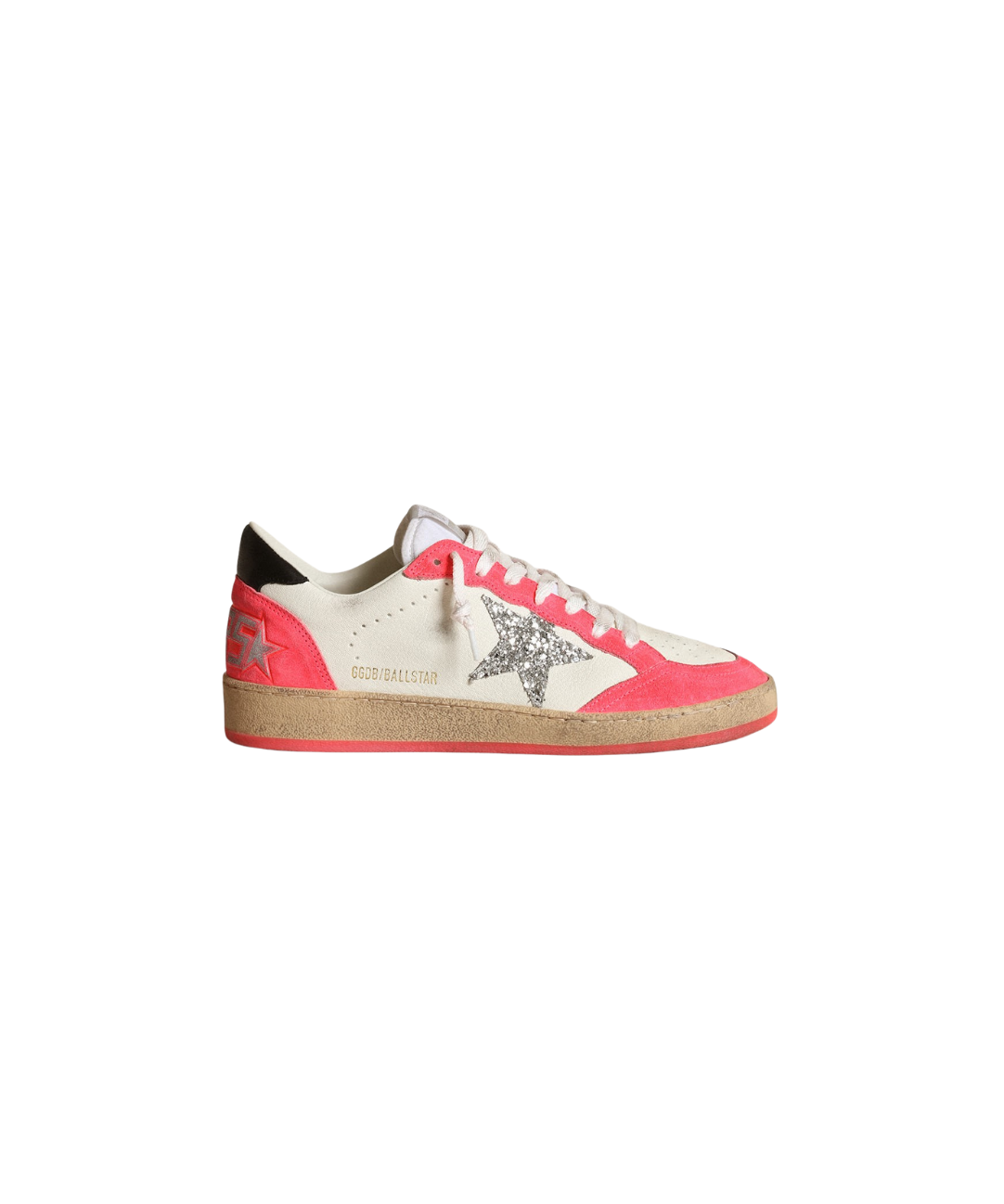 Image of a white leather Golden Goose sneaker with pink suede accents and a silver star.