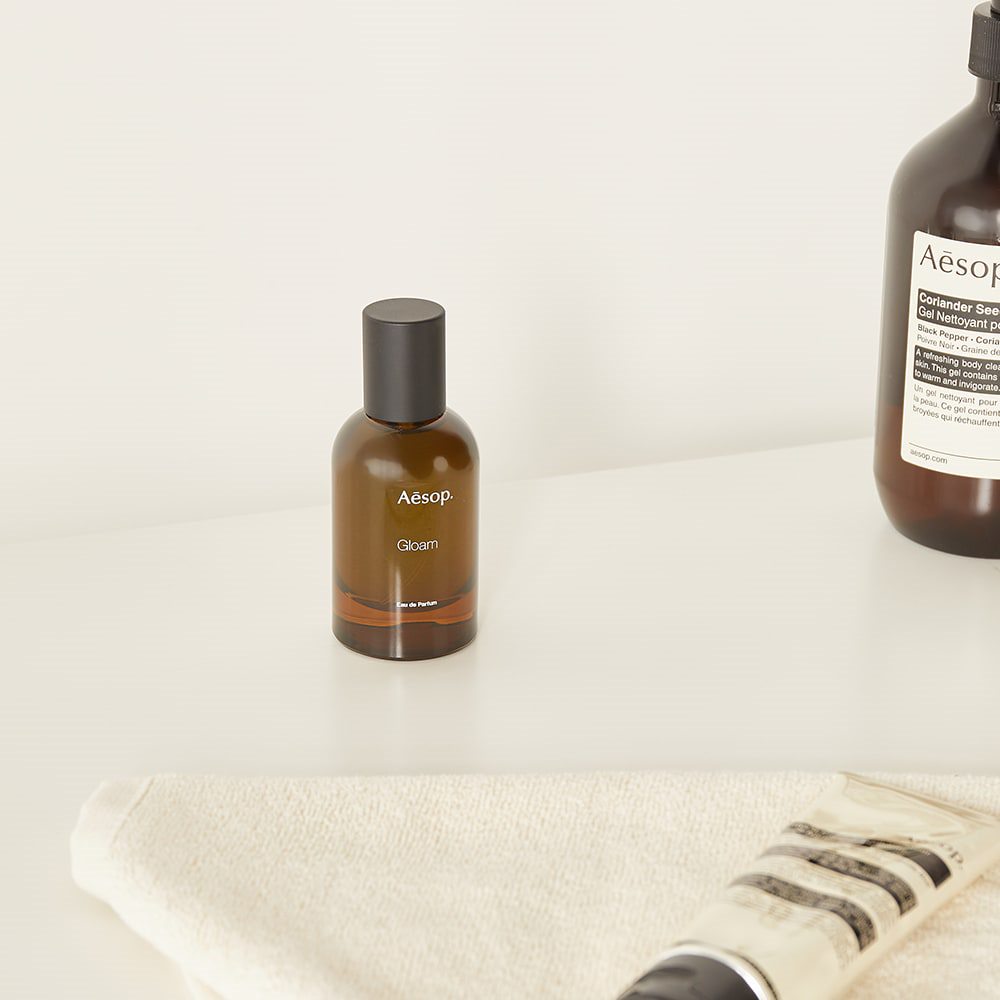 Mini bottle of Aesop skincare on a countertop