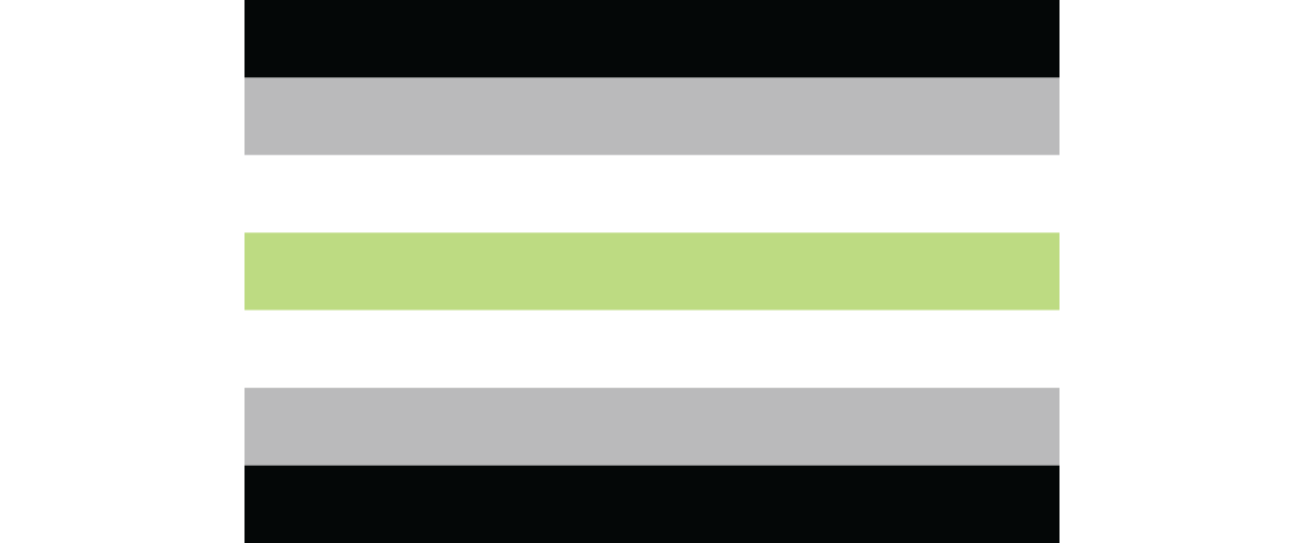Image of the agender pride flag consisting of seven horizontal stripes, two black stripes at the top and bottom of the flag, two grey stripes above and below the black, two white stripes next to grey and a green stripe in the middle.