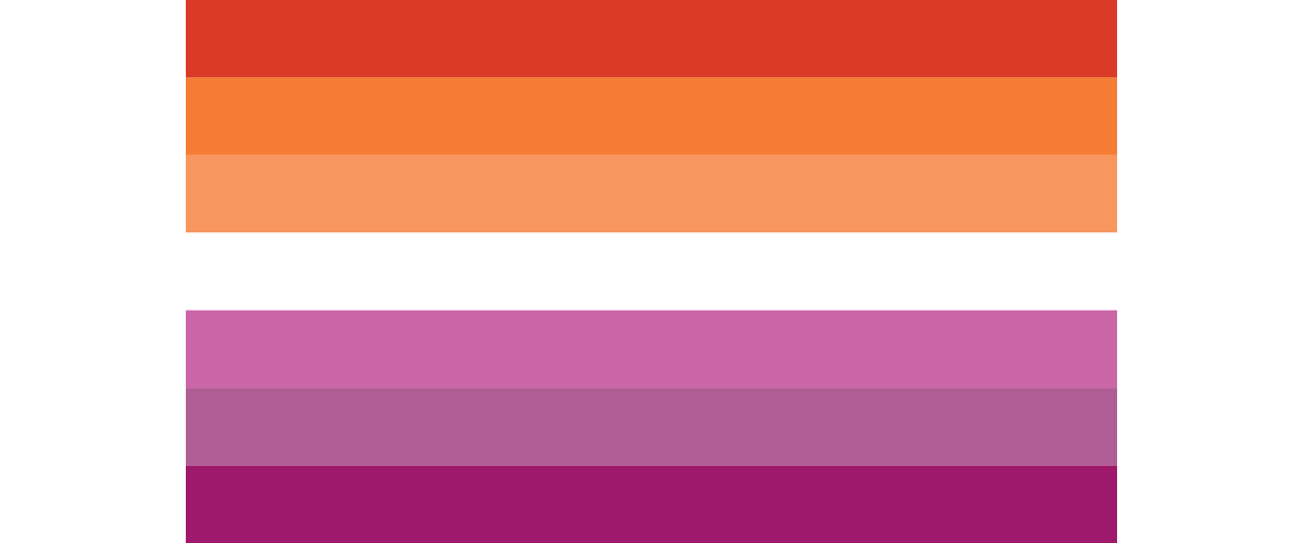 Image of the Lesbian pride flag. It has seven horizontal stripes: three stripes of gradient red and orange, one stripe of white and three stripes of gradient pink.