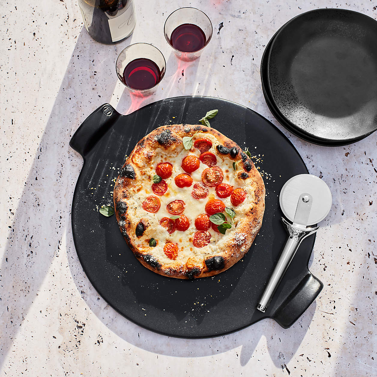 An aerial image of a pizza on a cookware tray