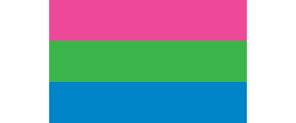 An image of the polysexual pride flag consisting of three horizontal stripes in pink, green and blue.