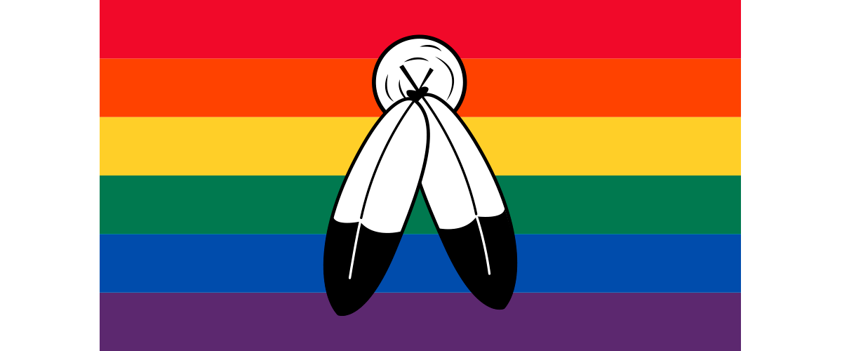 An image of the two-spirit pride flag consisting of six horizontal stripes in red, orange, yellow, green, blue and purple. in the centre of the flag there is a white circle with two white and black feathers stemming out of it.