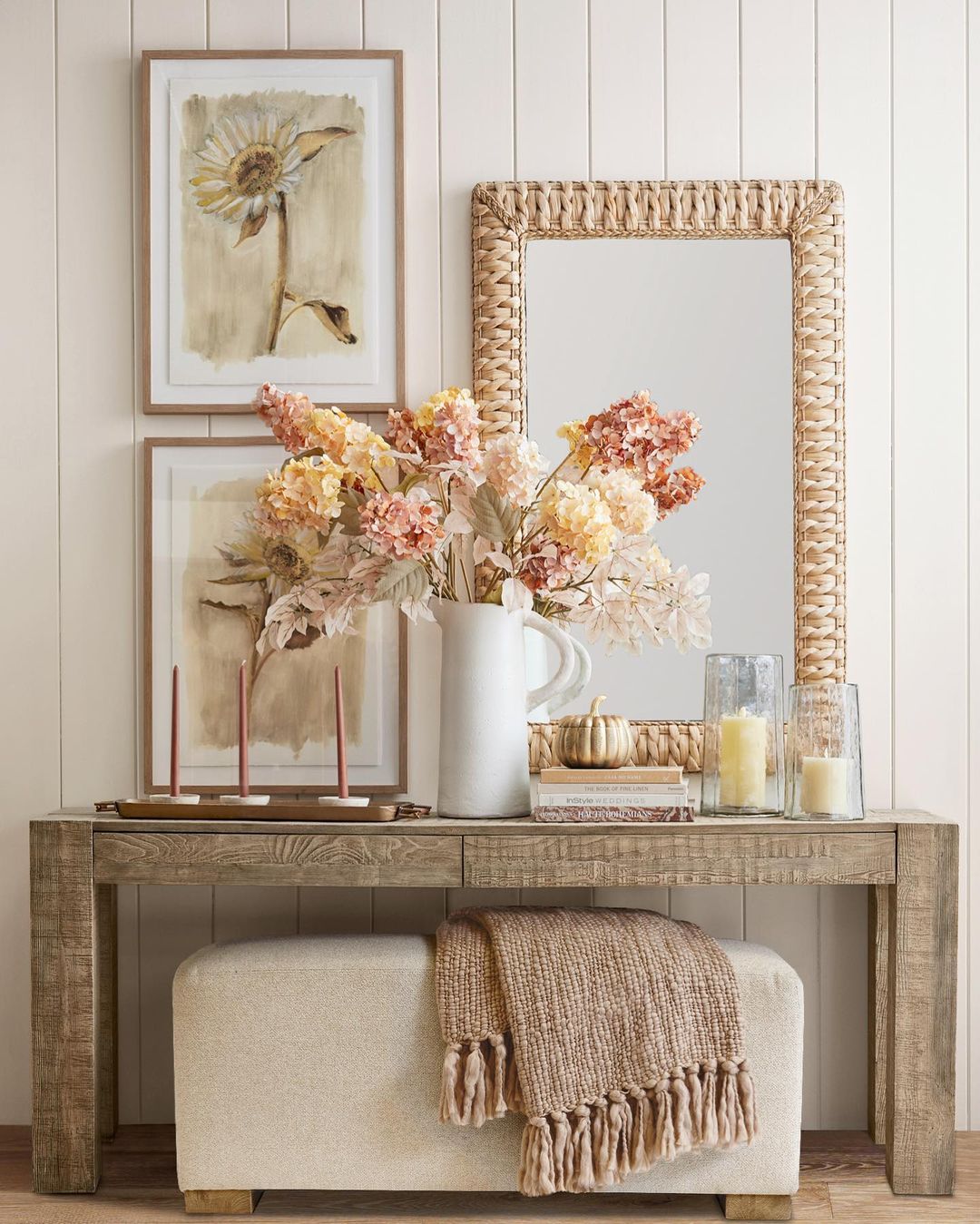 Pottery Barn home décor for thanksgiving. Beige accents, picture frame sand dried flowers.