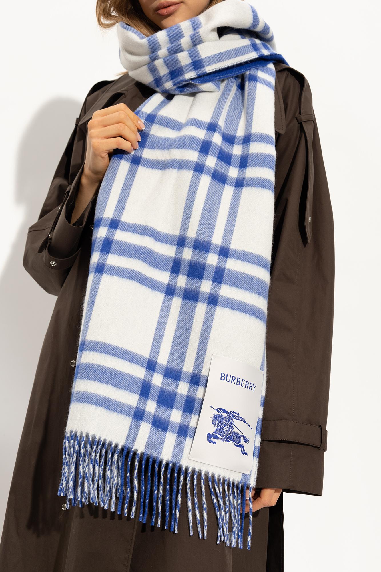 Burberry; Blue and white reversible cashmere scarf; Fall 2023 fashion