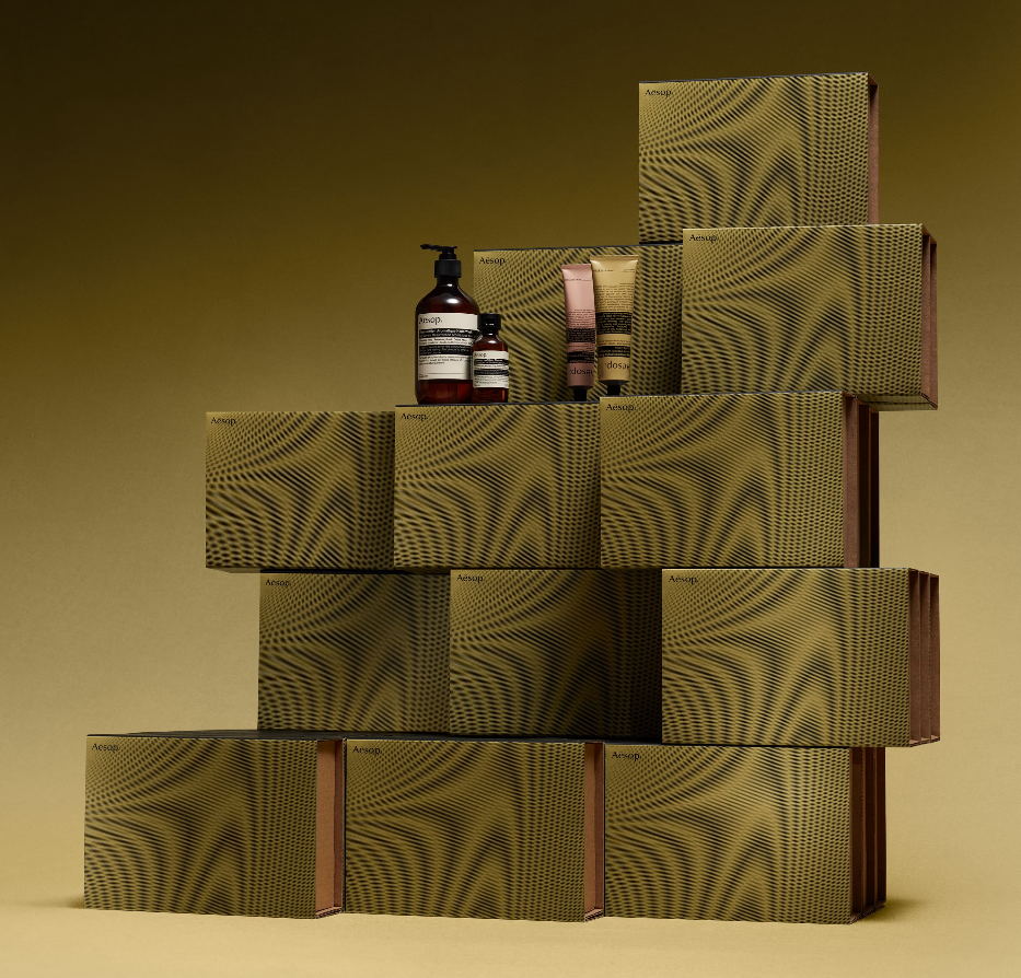 Aesop; products displayed one olive green boxes; Yorkdale; 2023