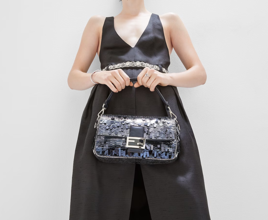 FENDI; model holding black purse in a black dress; Last Minute gift guide; Yorkdale; 2023