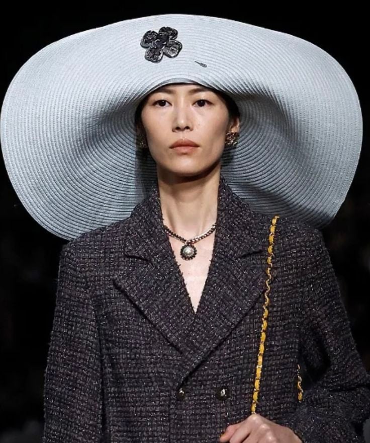 Chanel; Fall fashionwear; women in oversized hat; fall grey coat and over the shoulder bag; 2024