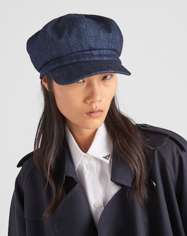 PRADA; Fall fashion wear; 2024; navy blue hat; leather jacket