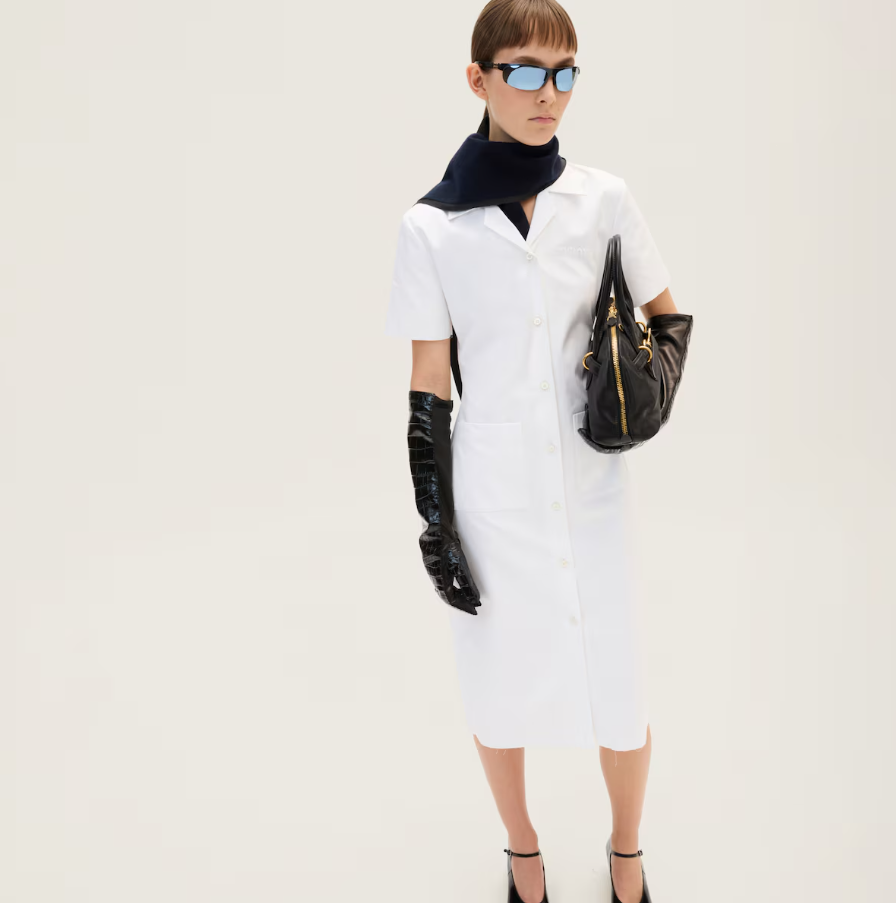 Miu Miu; Fall fashion wear; white dress with black leather gloves; 2024