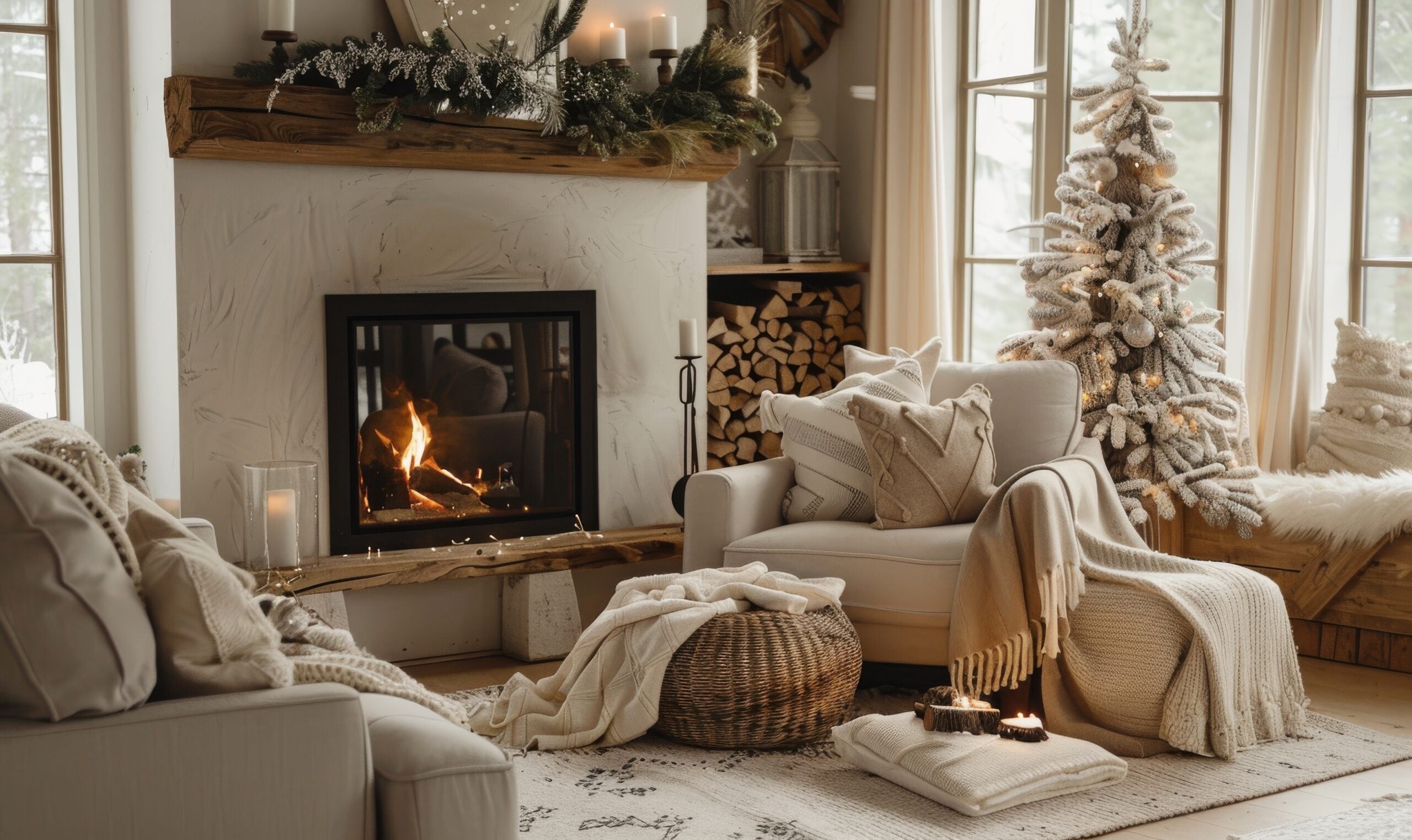 Cozy winter home decor in cream with a roaring fireplace.