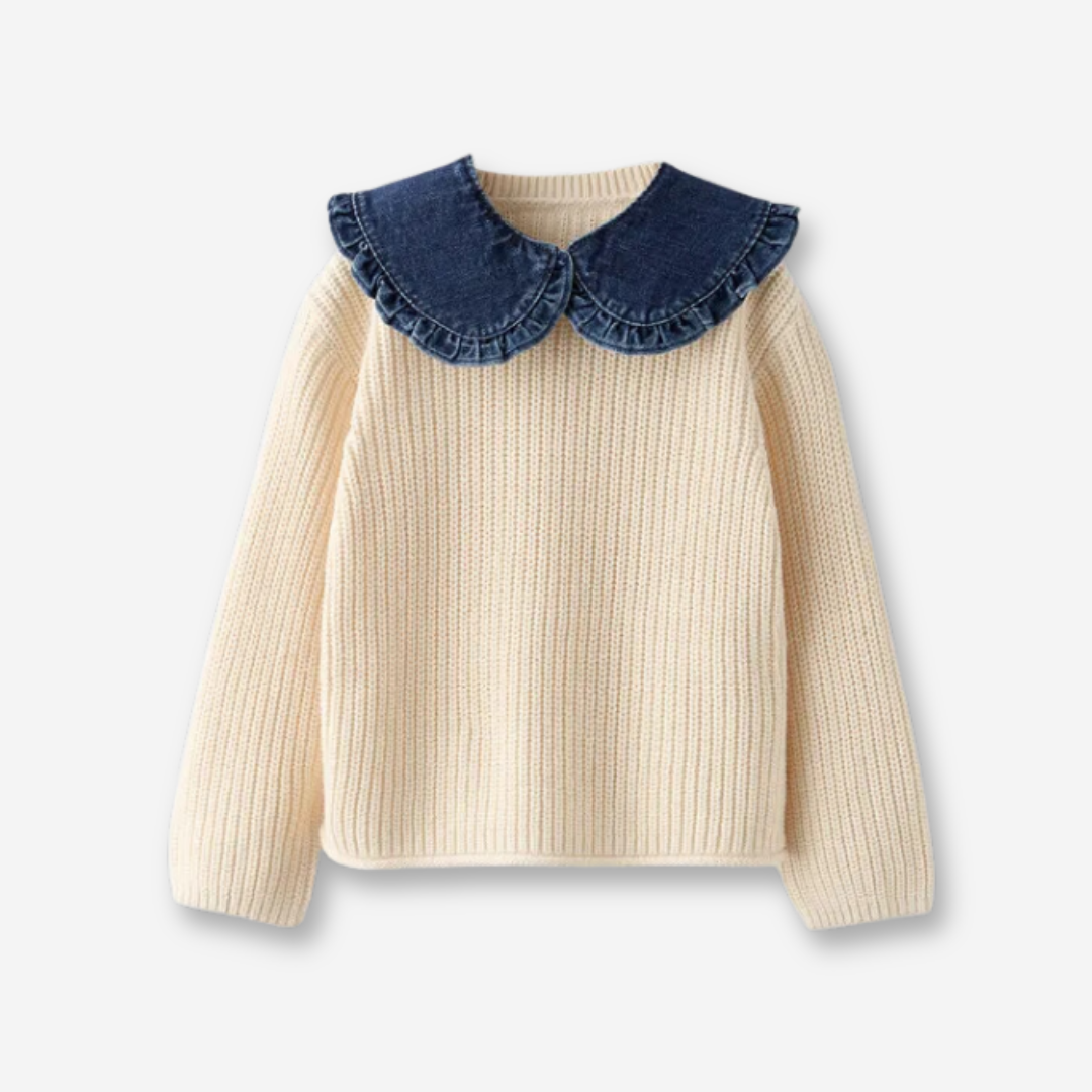 White girls long sleeve sweater with a navy collar.