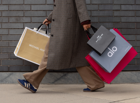 Woman with a textured brown coat holding shopping bags from Michael Kors, Coach and Alo.